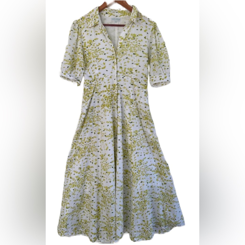 Julia Amory / India Amory White Green Floral Cotton Poplin Midi Dress Size Small